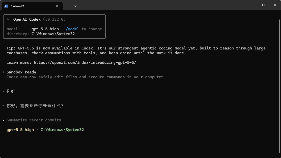 Codex CLI 通过讯算成功返回结果的终端示意图